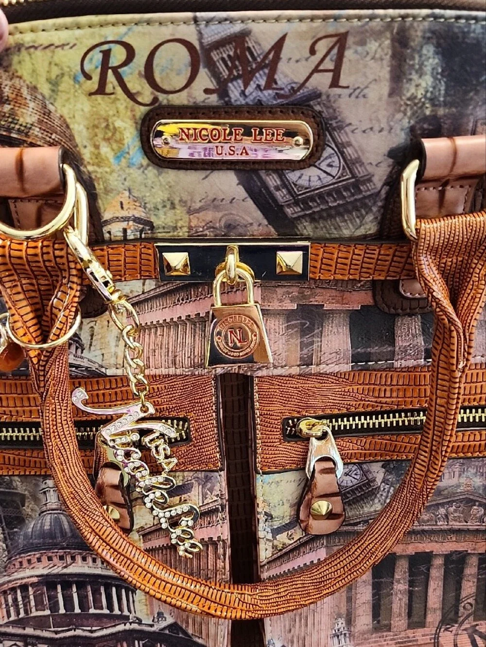 Nicole Lee Brown Roma Print Dome Satchel with Gold Hardware